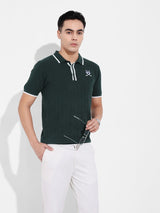 Men's Green Casual Textured Slim Fit Half Sleeves Polo Tshirt