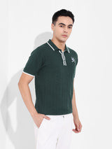 Men's Green Casual Textured Slim Fit Half Sleeves Polo Tshirt