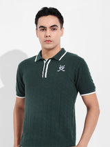 Men's Green Casual Textured Slim Fit Half Sleeves Polo Tshirt