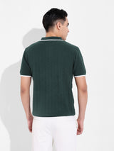 Men's Green Casual Textured Slim Fit Half Sleeves Polo Tshirt