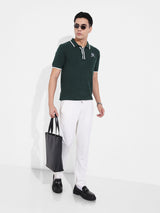 Men's Green Casual Textured Slim Fit Half Sleeves Polo Tshirt