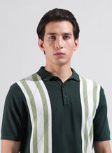 Men's Green Casual Textured Slim Fit Half Sleeves Polo Tshirt