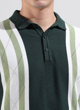 Men's Green Casual Textured Slim Fit Half Sleeves Polo Tshirt