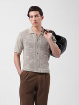Men's Beige Casual Slim Fit Textured Half Sleeves Shirt
