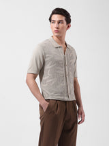 Men's Beige Casual Slim Fit Textured Half Sleeves Shirt