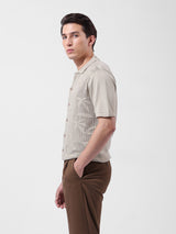 Men's Beige Casual Slim Fit Textured Half Sleeves Shirt