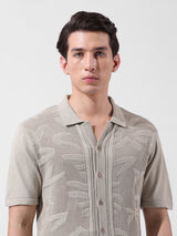 Men's Beige Casual Slim Fit Textured Half Sleeves Shirt