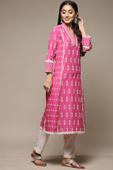 Women's Pink Festive Three Quarter Sleeves Kurta