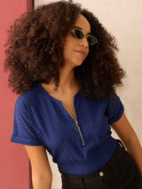 Women's Blue Extended Shoulder Top with Front Zipper Detail