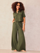 Women's Olive Crop Shirt and Wide Leg Pant Coord Set