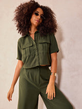 Women's Olive Crop Shirt and Wide Leg Pant Coord Set