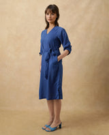 Women's Elarat Blue V-Neck Bishop Sleeve Plain A-Line Midi Dress