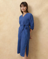 Women's Elarat Blue V-Neck Bishop Sleeve Plain A-Line Midi Dress