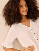 Women's White Front Buttoned Top with Ruffle Detail On Sleeve