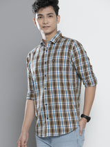 Men's Slim Fit Checkered Full Sleeves Spread Collar Casual Shirt