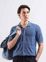 Men's Blue Casual Slim Fit Textured Half Sleeves Shirt