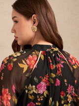 Women's Black Party Floral Full Sleeves Top