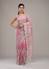 Women's Baby Pink Zariwork Tissue Saree