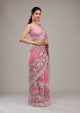 Women's Baby Pink Zariwork Tissue Saree