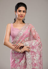 Women's Baby Pink Zariwork Tissue Saree