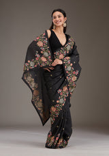 Women's Black Threadwork Tissue Saree