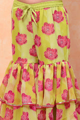 Girls Green Festive Regular Fit Printed Suit Set