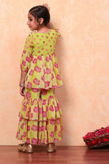 Girls Green Festive Regular Fit Printed Suit Set