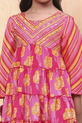 Girls Pink Festive Regular Fit Printed Suit Set