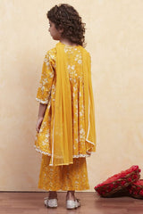 Girls Yellow Festive Regular Fit Printed Suit Set