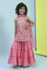 Girls Pink Festive Regular Fit Printed Suit Set