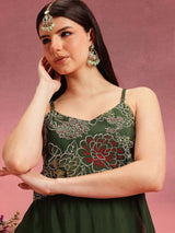 Women's Green Floral Embroidered Shoulder Straps Straight Kurta With Trouser