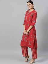 Women's Red Ethnic Motifs Printed Beads & Stones Straight Kurta with Palazzo