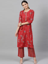 Women's Red Ethnic Motifs Printed Beads & Stones Straight Kurta with Palazzo