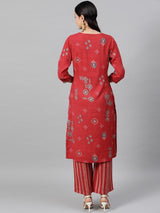 Women's Red Ethnic Motifs Printed Beads & Stones Straight Kurta with Palazzo