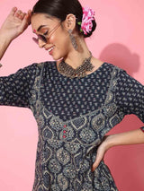 Women's Navy Empire Ethnic Motifs Printed Anarkali Pure Cotton Kurta with Trouser