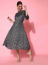 Women's Navy Empire Ethnic Motifs Printed Anarkali Pure Cotton Kurta with Trouser