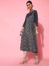 Women's Navy Empire Ethnic Motifs Printed Anarkali Pure Cotton Kurta with Trouser