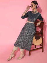 Women's Navy Empire Ethnic Motifs Printed Anarkali Pure Cotton Kurta with Trouser