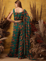 Women's Green Floral Printed Sweetheart Neck Top With Palazzo