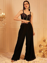 Women's Black Embroidered Top & Palazzo With Shrug Co-ords Set