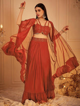 Women's Red Embroidered Sleeveless Crop Top & Skirt With Shrug Co-ords Set