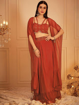 Women's Red Embroidered Sleeveless Crop Top & Skirt With Shrug Co-ords Set