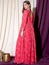 Women's Red Floral Printed Lace & Tie Up Maxi Ethnic Dress
