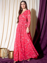 Women's Red Floral Printed Lace & Tie Up Maxi Ethnic Dress