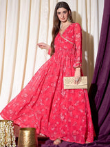 Women's Red Floral Printed Lace & Tie Up Maxi Ethnic Dress
