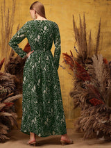 Women's Green Printed Cut-Outs Maxi Ethnic Dress