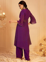 Women's Purple Printed V-Neck Tunic With Trouser Co-ords Set