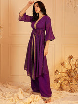 Women's Purple Printed V-Neck Tunic With Trouser Co-ords Set