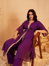 Women's Purple Printed V-Neck Tunic With Trouser Co-ords Set