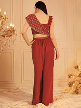 Women's Red Square Neck Sleeveless Embellished Top & Palazzo